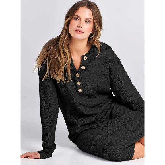 Women's 2024 Fall Knit Sweater Dress Long Sleeve Button V Neck Loose Casual (L)